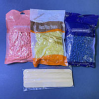 Набір для гарячої депіляції, віск 3шт по 100гр і шпателі дерев'яні 10 шт