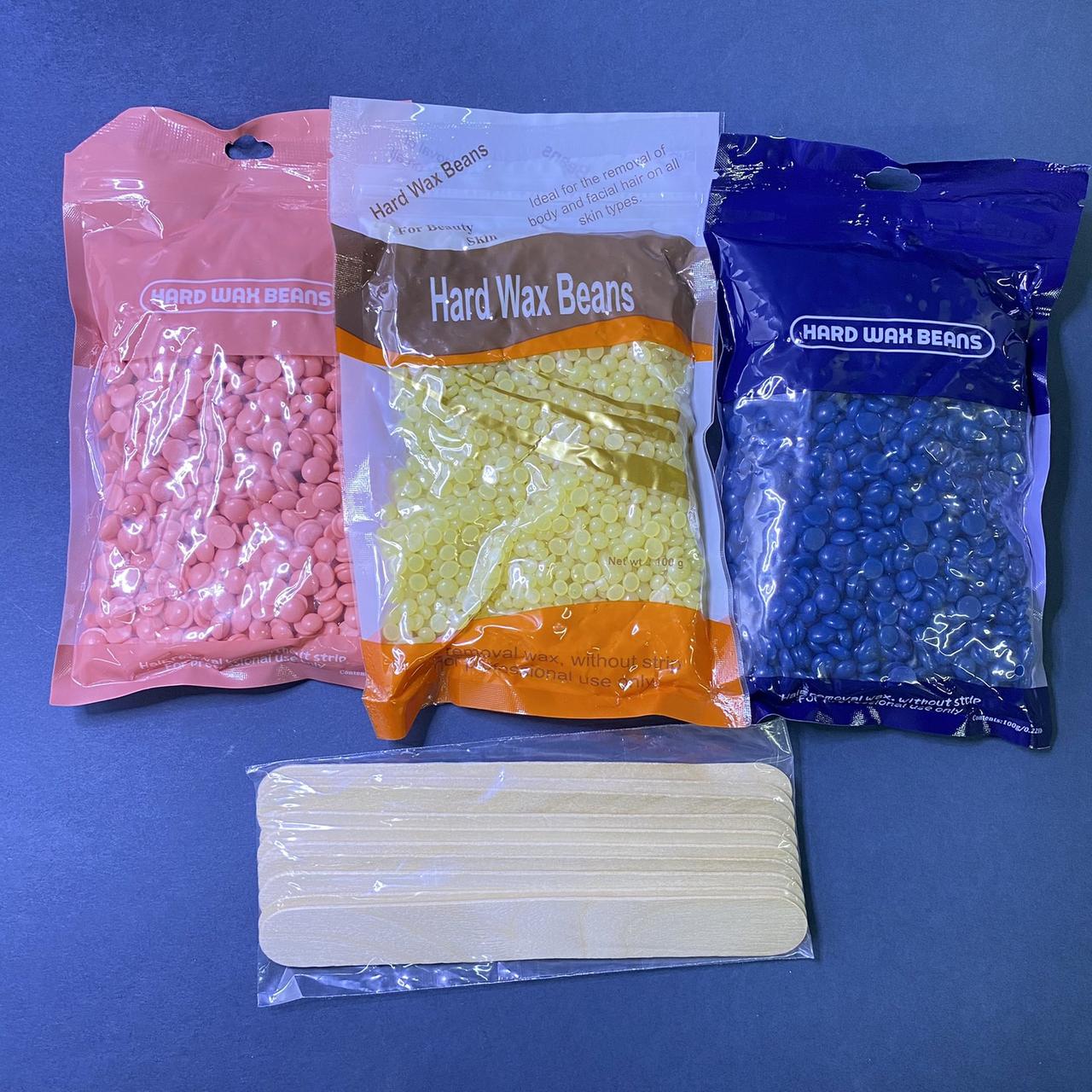Віск гранульний 3шт по 100гр і дерев'яні шпателі 10 шт набір для гарячої депіляції