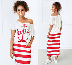 Костюм літній спідничні жіночий стиль морський футболка і довга спідниця з кишенями електрик, фото 3