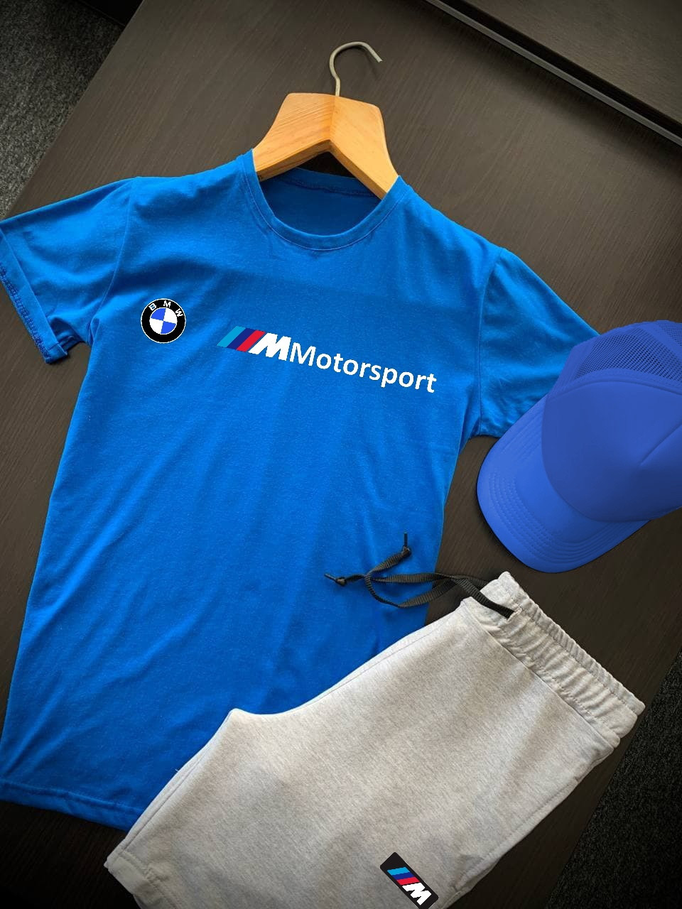 Шорти футболка і кепка BMW сіро-синього кольору (літній спортивний костюм 3 в 1 чоловічий), фото 1
