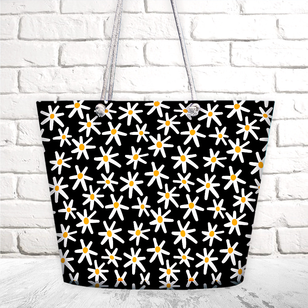 Сумка пляжна Malibu Ромашки на черном фоне 50х36х15 см (MAL_20J027), фото 1