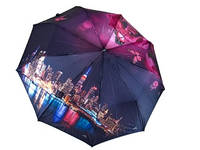 Зонты женские полуавтомат атласные с городами на 9 спиц антиветер чёрный с малиновым