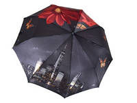 Зонты женские полуавтомат атласные с городами на 9 спиц антиветер чёрный с красным