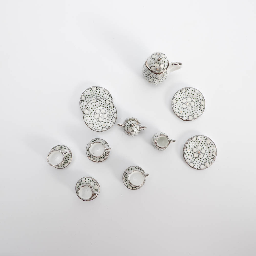 1:12 Мініатюра Чайний Набір Керамічної Посуд Квіти Чорний Контур із зеленим, фото 1