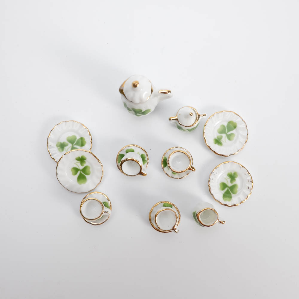 1:12 Мініатюра Чайний Набір Керамічної Посуду Зелена Конюшина, фото 1