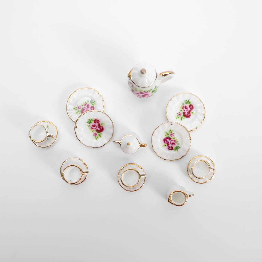 1:12 Мініатюра Чайний Набір Керамічної Посуди Півонії, фото 1