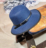 Женская синяя пляжная шляпа, декорированная черным ремешком