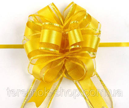 Бант жовтий  подарунковий з органзи діаметр 16 см бордовий ширина стрічки 5 см довжина стрічки 108 см самозбірний