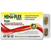 Nature's Plus, Hema-Plex, Хема-плекс, Железо с кофакторами, 10 таблеток с медленным высвобождением