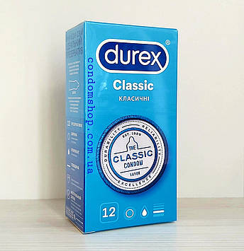 Презервативи  Durex classic  класичні 12 шт . Оригінал.до 2026/2027 року.Сертифікати якості.