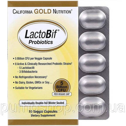 Пробіотики California Gold Nutrition LactoBif Probiotics 5 Billion CFU 10 капс., фото 2
