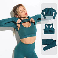 Женский костюм для фитнеса зеленый тройка размер S