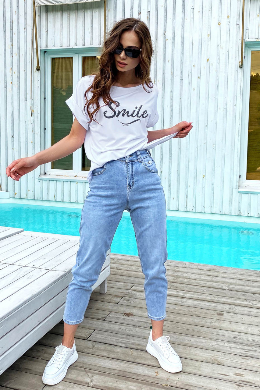 Модна жіноча біла футболка з написом чорною Smile 42-48 розміри
