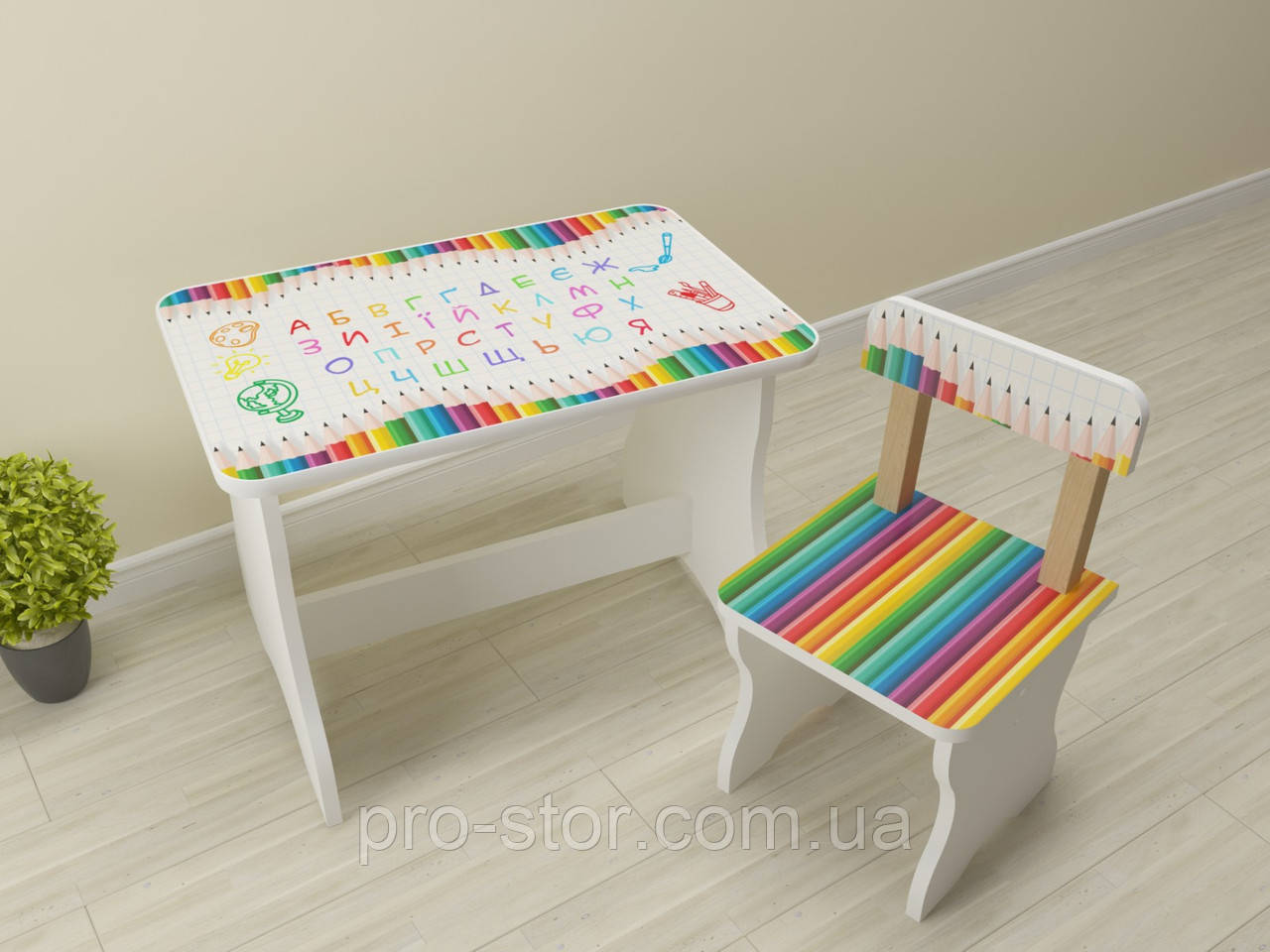 Детский столик и стульчик 2-4 года от производителя ЛДСП стул-стол Карандаши с алфавитом В2576 - фото 1 - id-p1428608296
