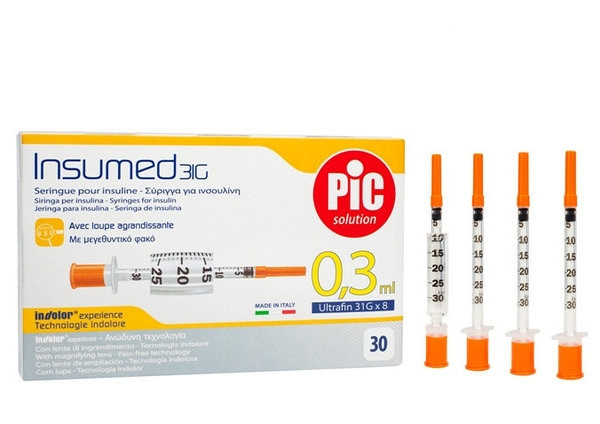 Інсуліновий шприц Insumed 0,3 мл U-100 з інтегрованою з голкою 31G, 0,25*8 мм, 30 шт.