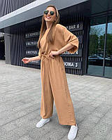 Стильный женский брючный костюм летний, костюм лен жатка, футболка на завязках и широкие брюки (кюлоты)