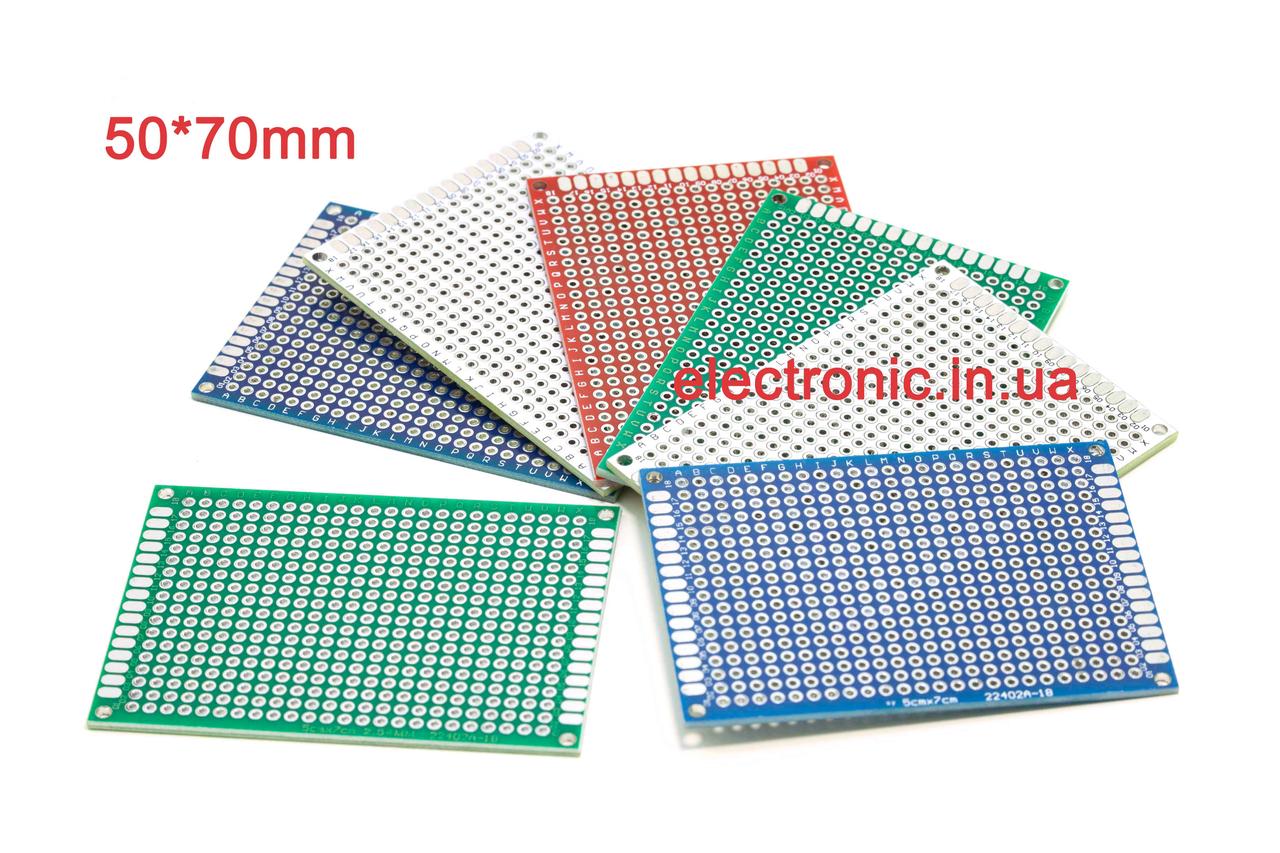 Макетна плата 50*70 мм.,універсальна двостороння з металізацією; крок 2,54 мм.