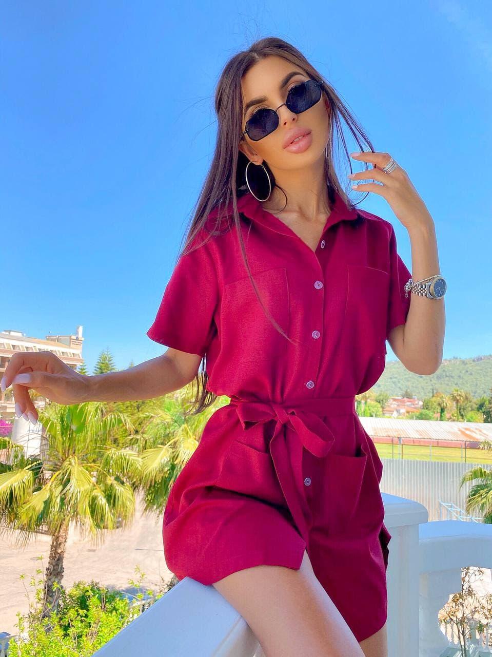 Стильне плаття-сорочка з льону з поясом на ґудзиках, фото 1