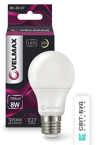 Світлодіодна лампа груша VELMAX V-A60, 8W, E27, 3000K, 800Lm, кут 240°, фото 1