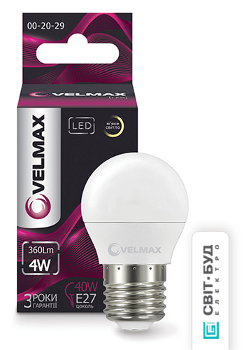 LED лампа Velmax V-G45, 4W, E27, 3000K, 360Lm, кут 220 °, фото 1