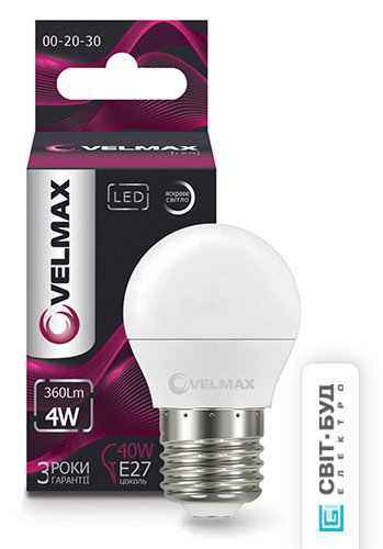 LED лампа Velmax V-G45, 4W, E27, 4100K, 360Lm, кут 220 °, фото 1