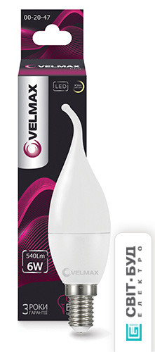 LED лампа Velmax V-C37t, 6W, E14, 3000K, 540Lm, кут 260 °
