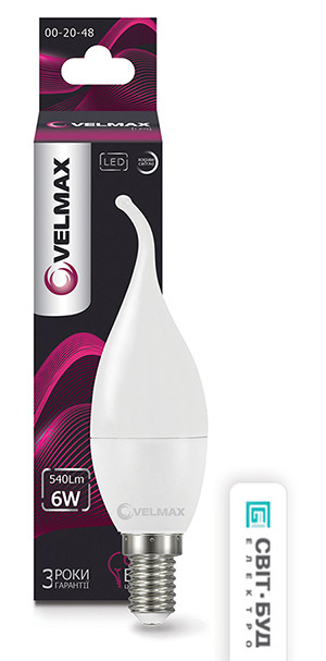 LED лампа Velmax V-C37t, 6W, E14, 4100K, 540Lm, кут 260 °