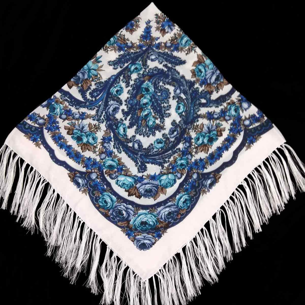 Хустка народна з тороками 120х120 біло-синя