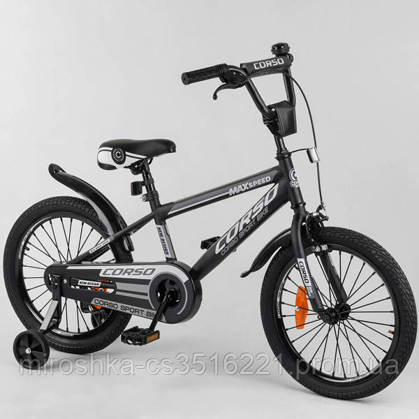 Велосипед на 6-8 років двоколісний, 18 дюймів, чорний, доп. колеса, зібраний на 75%, CORSO ST-18912
