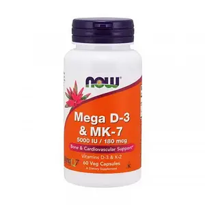 Вітамін Д3 та К2 Now Foods Mega D-3 & MK-7 5000 IU / 180 mcg 60 veg caps