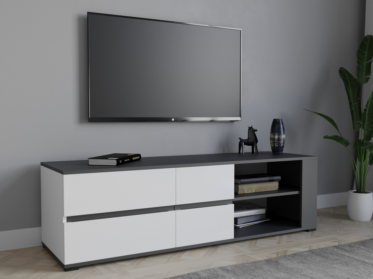 ТВ тумба Moreli T-5 Фасад Білий глянець. Корпус Антрацит Ш1500*В430*Г450