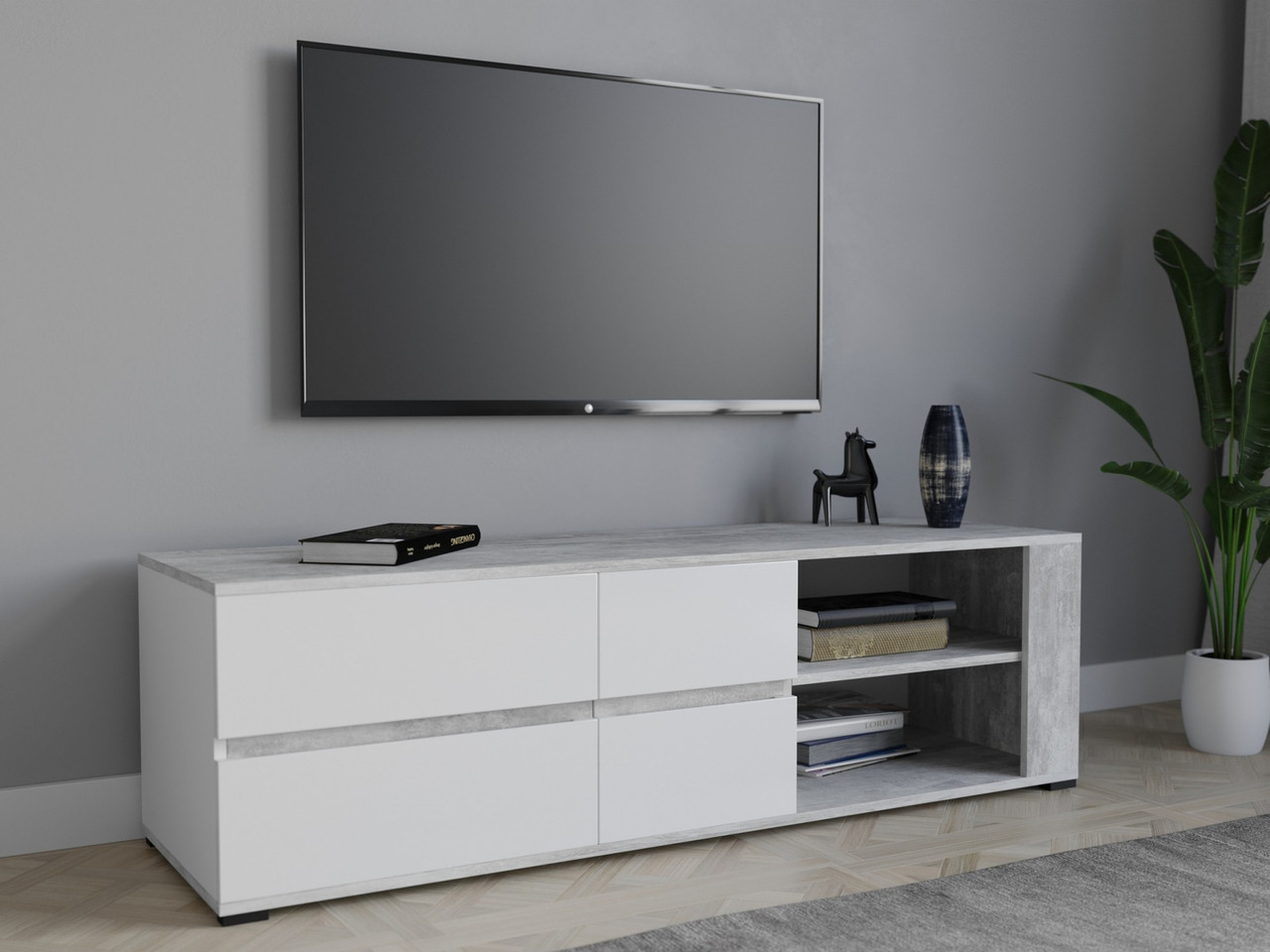 ТВ тумба Moreli T-5 Фасад Білий глянець. Корпус Бетон Ш1500*В430*Г450