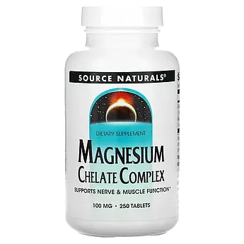 Комплекс магнію хелату 100 мг Source Naturals Magnesium Chelate Complex для нервової системи м'язів 250 таблеток