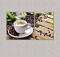 Модульная настенная картина для кухни Кофе, Кофейные зерна, Чашка кофе 100х60см из 2-х частей