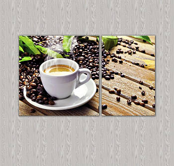 Модульна настінна картина для кухні Кава, Кавові зерна, Чашка кави 100х60см з 2-х частин