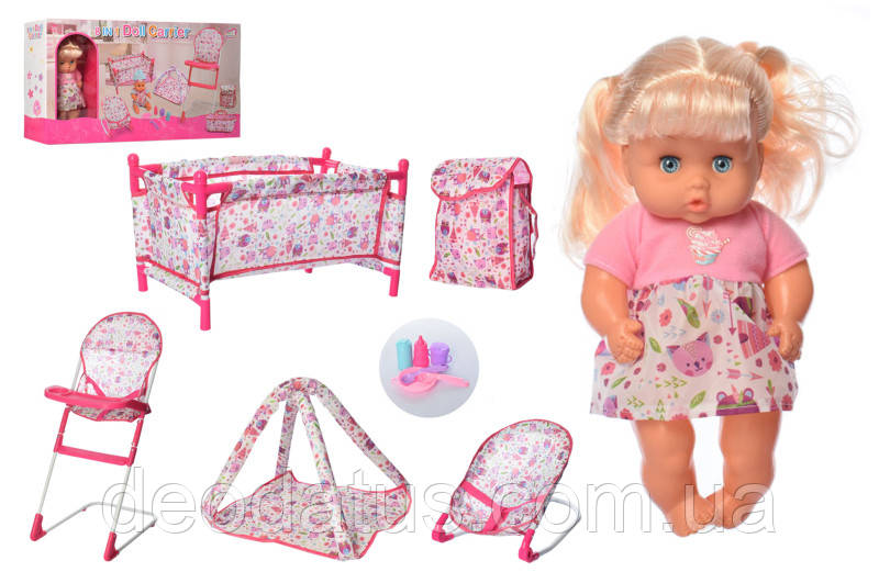 Набор кукла с мебелью и аксессуарами CYD-220 стульчик для кормления, шезлонг, манеж-кроватка, коврик, сумка - фото 1 - id-p1429210144