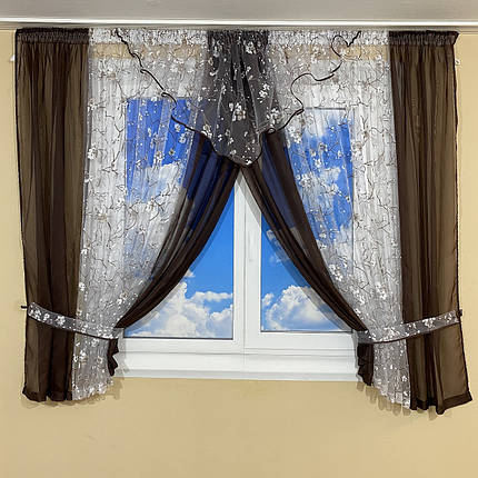 Фіранка на кухню зі шторками №445 шоколад, фото 1