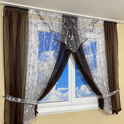 Фіранка на кухню зі шторками №445 шоколад, фото 2