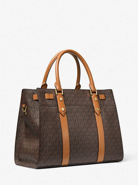 Michael Kors Nouveau Hamilton Large Logo Stripe Satchel Brn Acorn 30S1G0HS7V TEHNO BIT