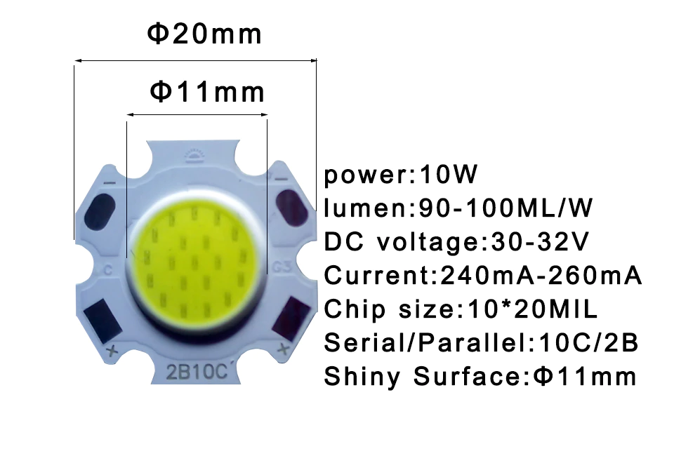 LED 10w COB світлодіод теплий білий 3000К 900LM 240-260мА / 30-32V
