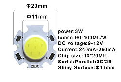 LED 3w COB світлодіод білий 3000 К 300LM 240-260 мА / 9-12 V