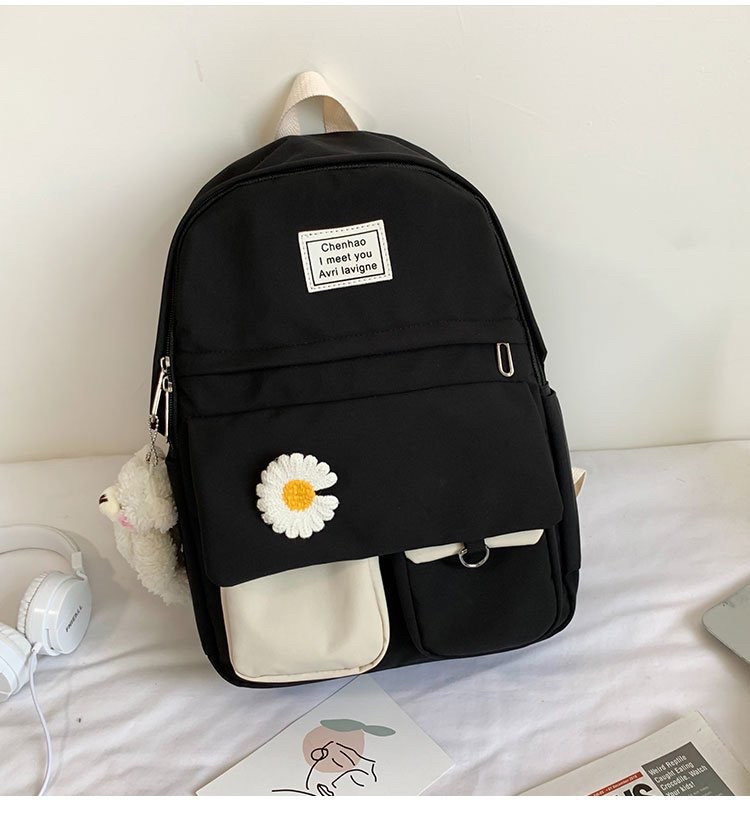 Рюкзак для девочки школьный стильный городской Rentegner водонепроницаемый черный с брелком и ромашкой - фото 1 - id-p1429411859