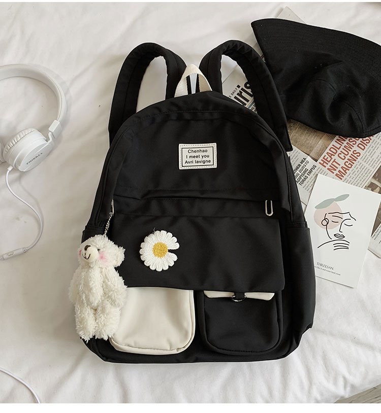 Рюкзак для девочки школьный стильный городской Rentegner водонепроницаемый черный с брелком и ромашкой - фото 2 - id-p1429411859