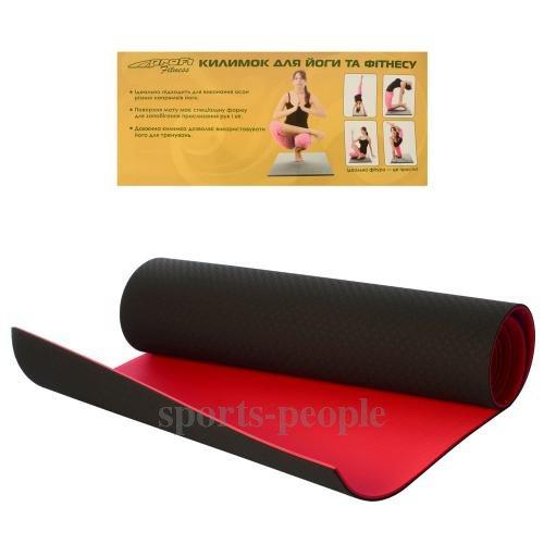 Килимок для йоги та фітнесу MS 0613-1, ТРЕ, двошаровий, 183 см × 61 см × 6 мм, колір. ТРЕ (термопластичний еластомер);, чорний з червоним