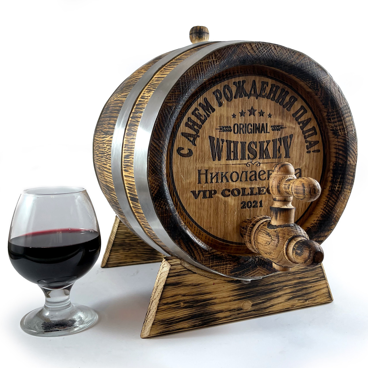 Бочка Дубова 5 л. Бочка Подарунок для Вина, Віскі, Кастомне Гравіювання, Обручі Нержавіюча Сталь, фото 1