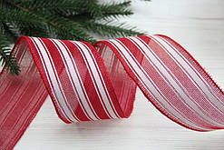 Стрічка новорічна 6,3 см "Смуги на мішковині" червоної білої рулон 22,5 метра
