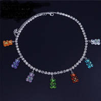 Ожерелье мишки разноцветное с перламутром - длина 35см + 20см, (ругелируется), смола, цинковый сплав