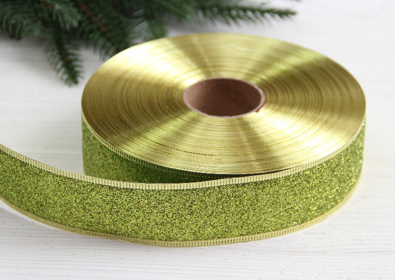 Стрічка блискуча новорічна 3,8" Метал ", оливкова 24 метри