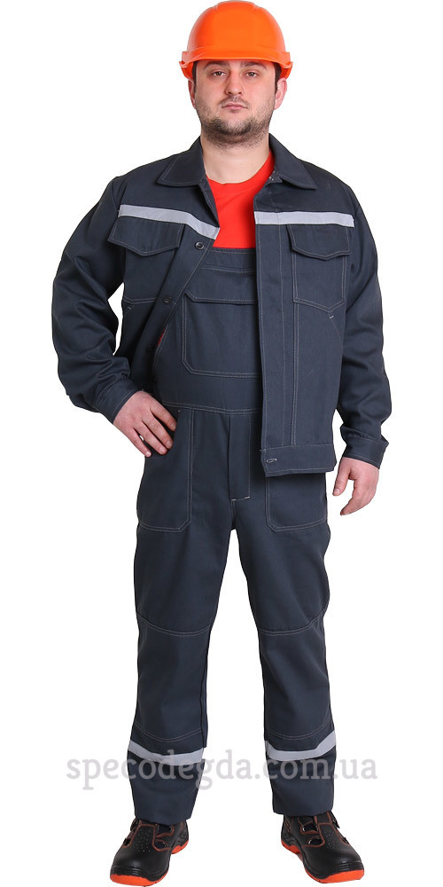 Робочий чоловічий літній костюм куртка з напівкомбінезоном "Будівельник" саржа хб 44, фото 1