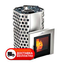 Каменка для лазні Гейзер Панорама ПКС-01,02,04 (16,22,30 м³) кожух із нержавіючої сталі, панорамне скло 310х310 мм